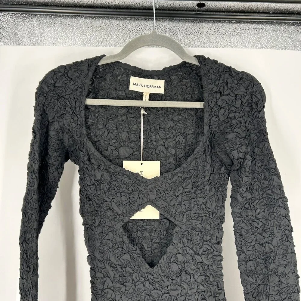 NWT Mara Hoffman Dione Black Popcorn Smocked Cutout Dress
